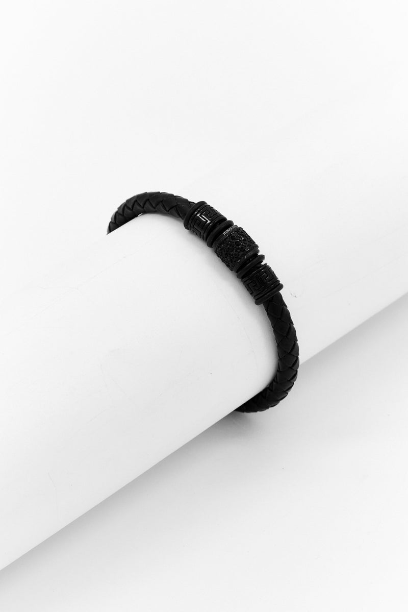 Steeltime Men Braided Leather Simulated Diamonds Accents Bracelet, Black - Image 1